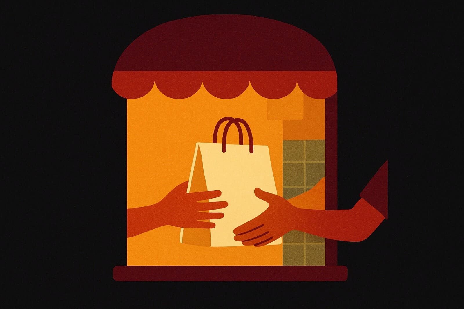 A bag being passed out through a serving window