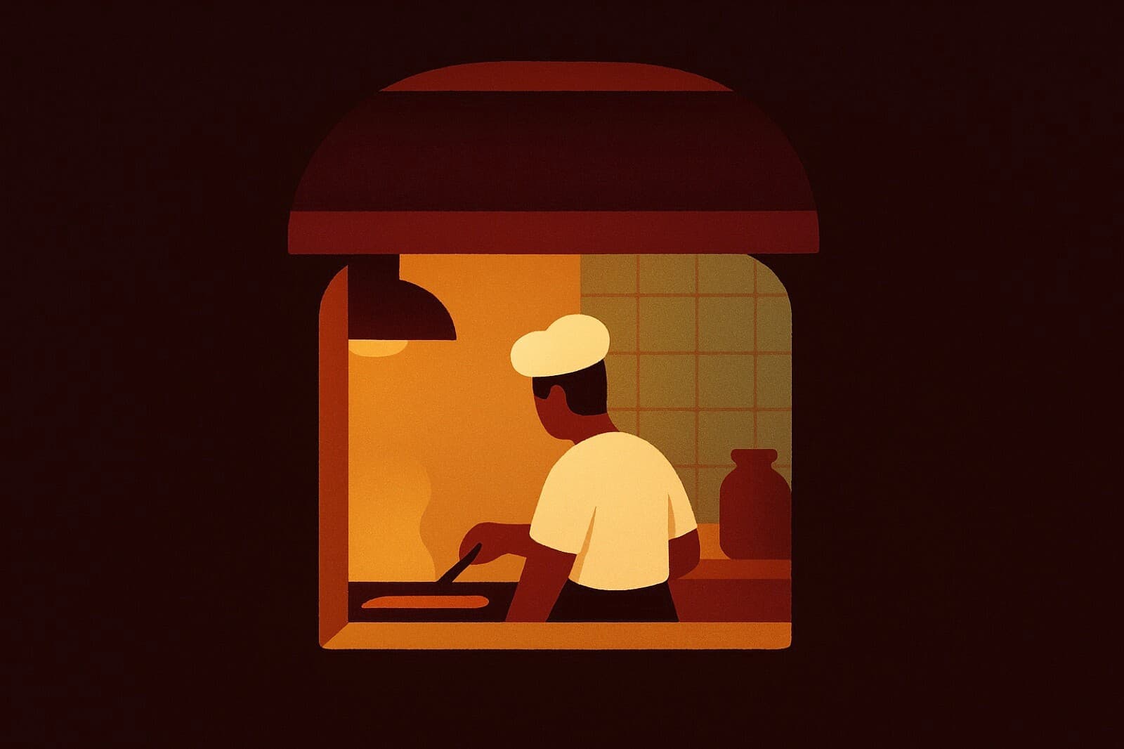 A cook at work inside a lit serving window