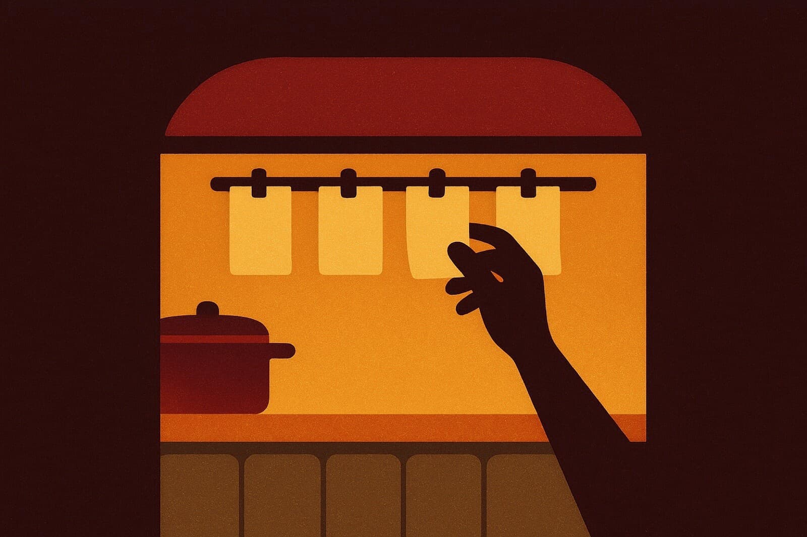 A cook working a pass, tickets hanging above the pot